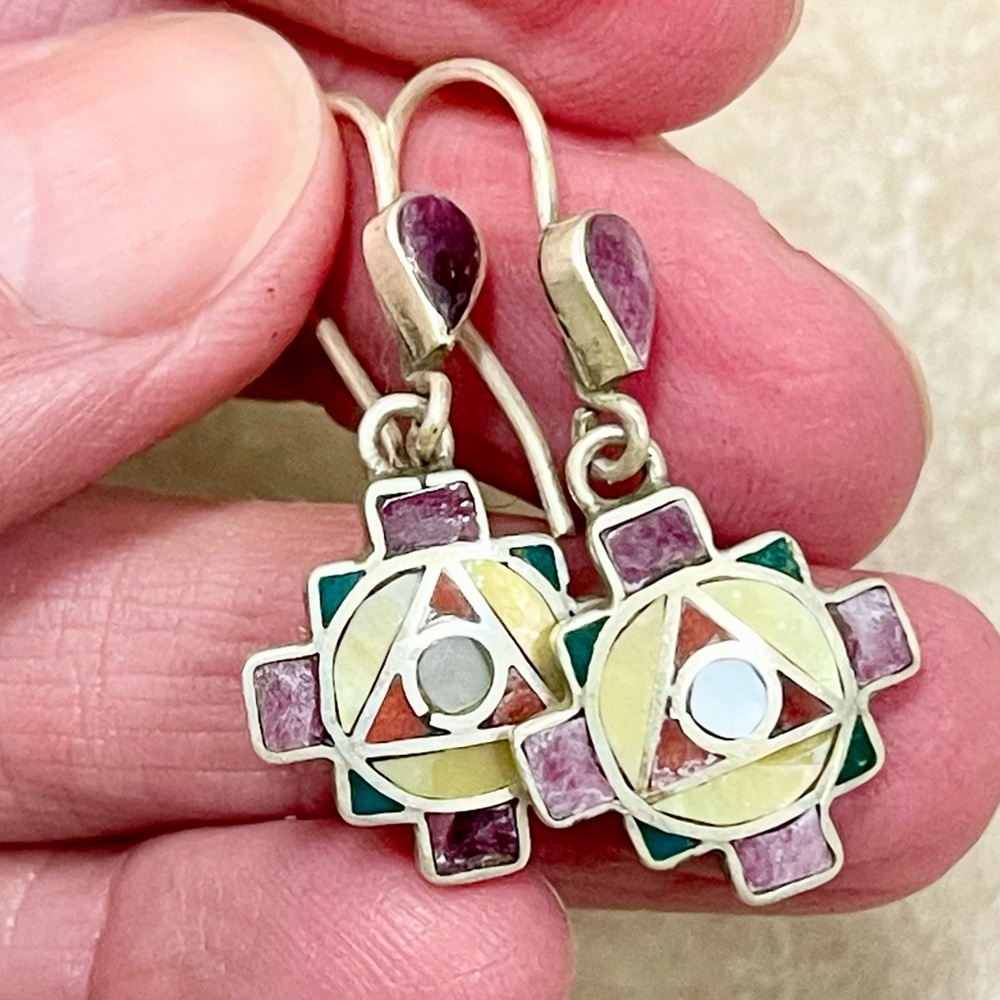 Handmade Mexican 950 Silver Inlay Drop Earrings Geometric Taxco Style 1.25”